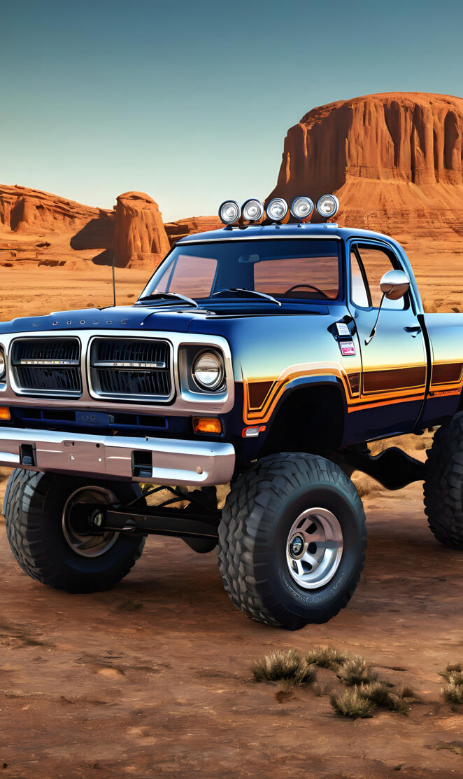 A Dark Blue Dodge 4x4 Pickup, With Side Decals and Fog Lights.