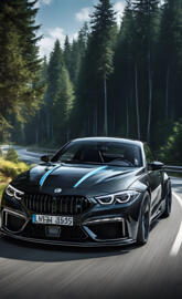 a black sports car on a road with trees on either side