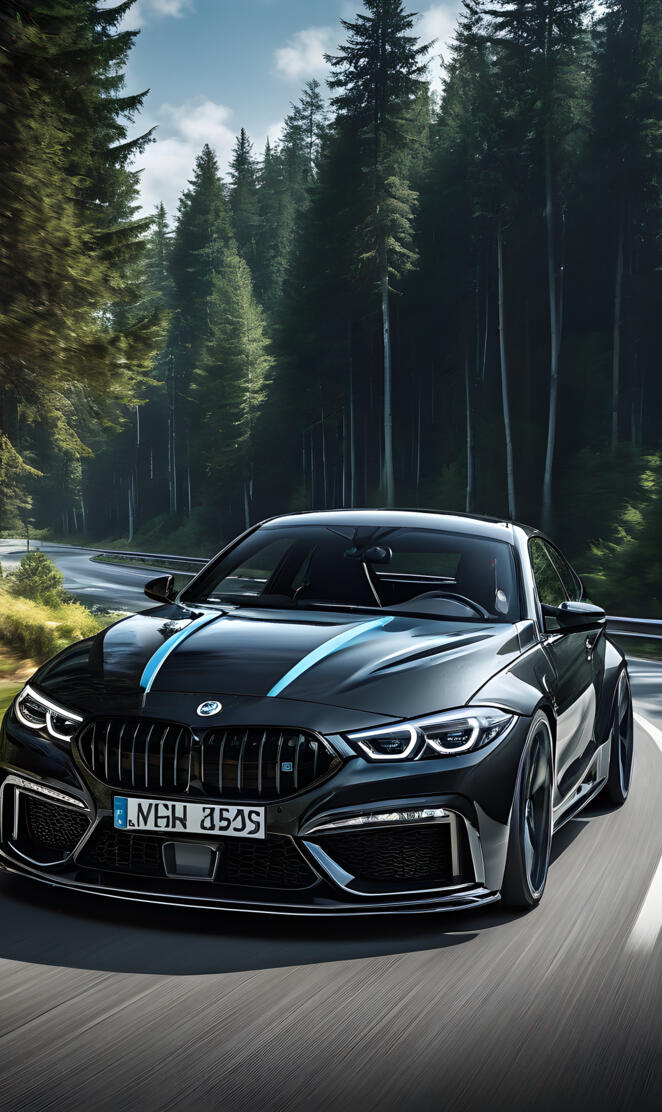 a black sports car on a road with trees on either side