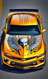 a yellow car with a blue design