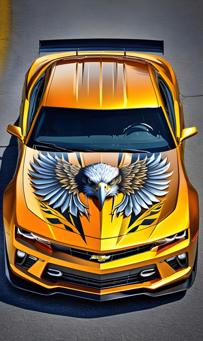 a yellow car with a blue design