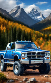 Blue Dodge 4x4 Extended Cab Pickup Truck.