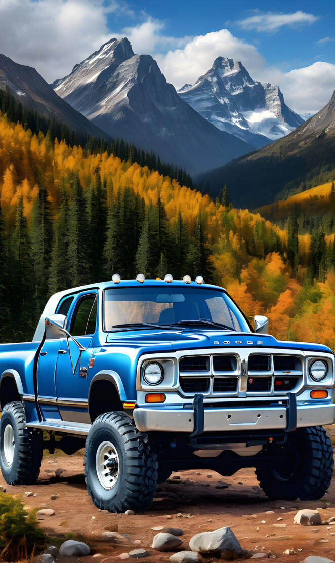 Blue Dodge 4x4 Extended Cab Pickup Truck.