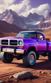 A Purple Dodge 4x4 Pickup Truck, And Beautiful Mountain Scenery.