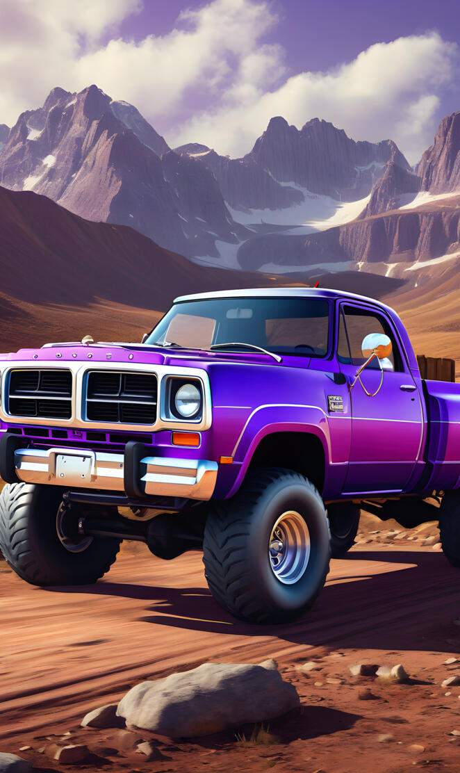 A Purple Dodge 4x4 Pickup Truck, And Beautiful Mountain Scenery.