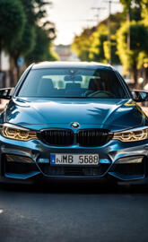 a blue car parked on the side of the road