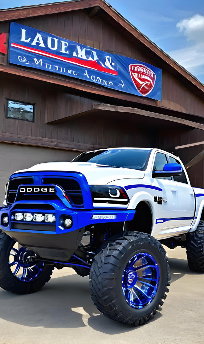 a blue truck parked outside a building