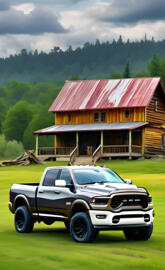 a truck parked in front of a log cabin