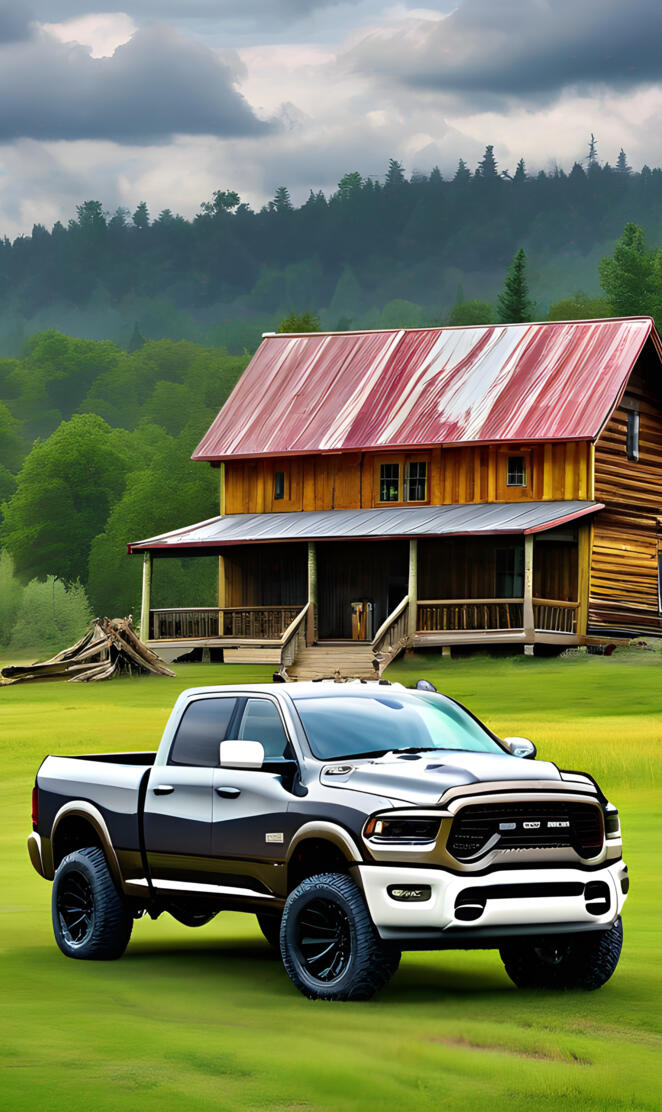 a truck parked in front of a log cabin