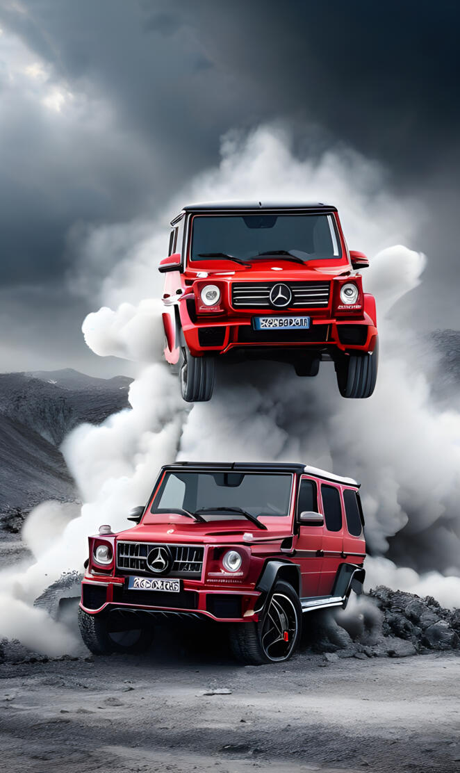 two red G-WAGON with smoke coming out of them