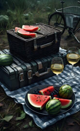a grill with watermelon and a glass of wine