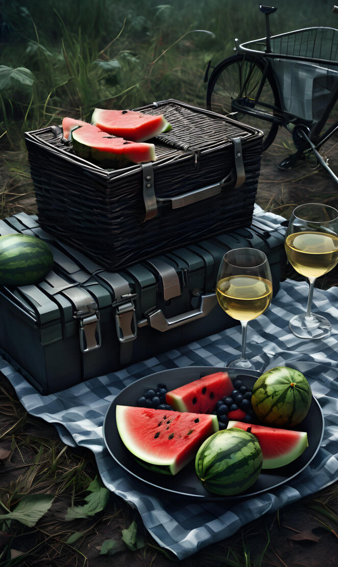 a grill with watermelon and a glass of wine