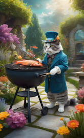 a statue of a person in a blue suit and hat holding a fish