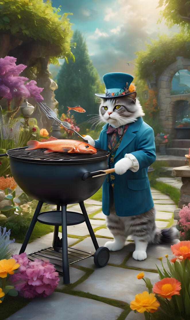 a statue of a person in a blue suit and hat holding a fish