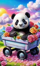 a stuffed panda riding a toy car