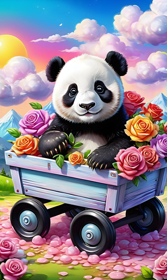 a stuffed panda riding a toy car