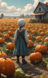 a child standing in a field of pumpkins