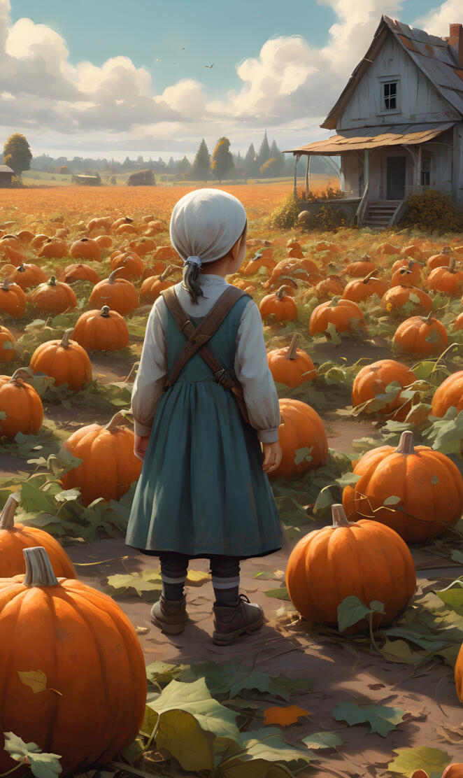 a child standing in a field of pumpkins
