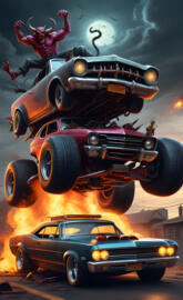 a car with a monster truck on top of it