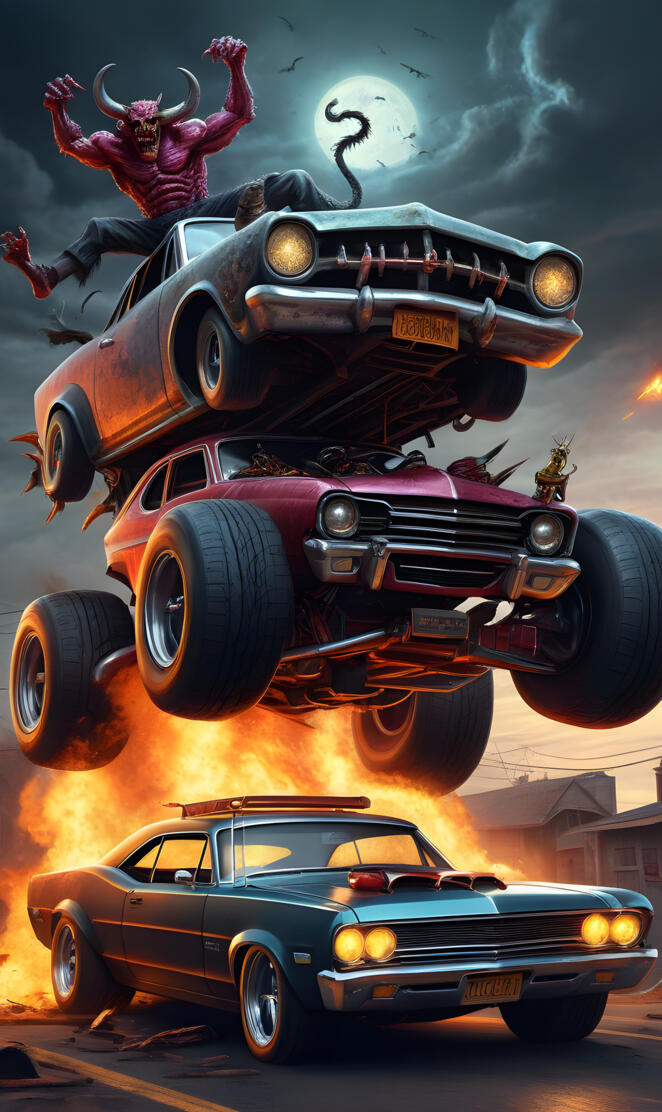 a car with a monster truck on top of it