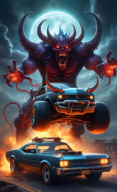 a car with a monster head on top of it