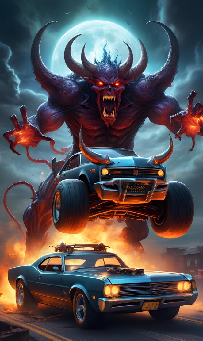 a car with a monster head on top of it