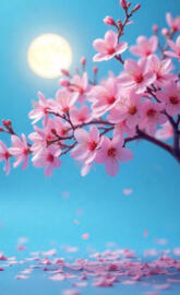 A beautiful moon and pick color flowers to tree