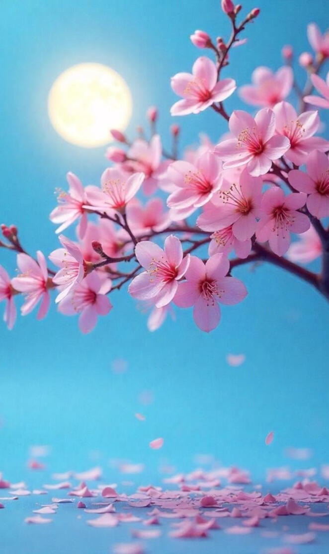 A beautiful moon and pick color flowers to tree