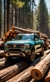 Rivian parked on logs
