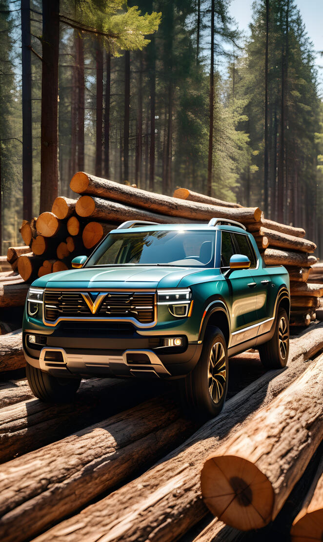 Rivian parked on logs