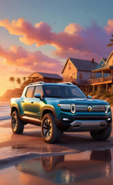 Rivian pickup sunset