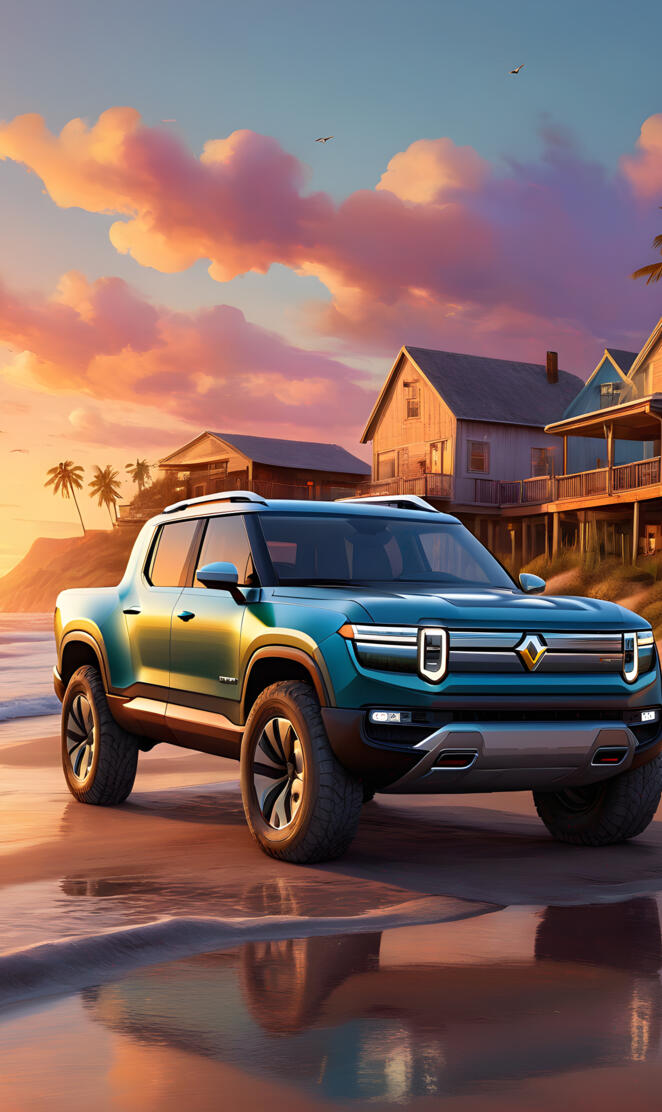 Rivian pickup sunset