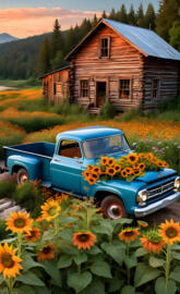vintage pickup,sunflower, cabin,field
