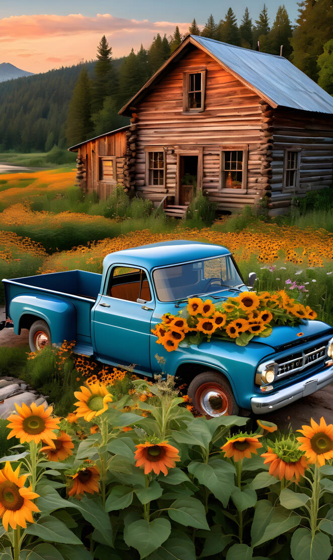 vintage pickup,sunflower, cabin,field