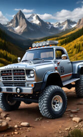 Silver Dodge 4x4 Pickup With Mountains in the Background.