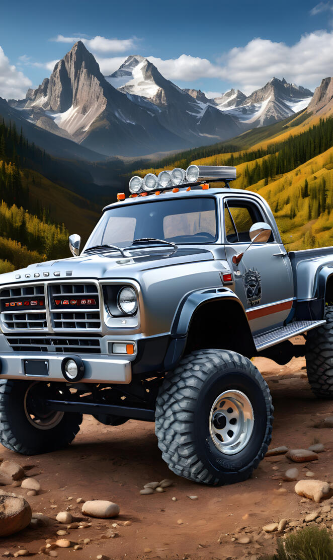 Silver Dodge 4x4 Pickup With Mountains in the Background.