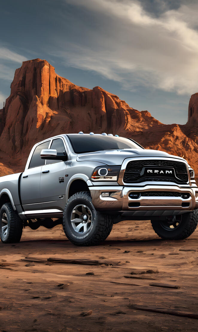 A Silver 2024 Dodge Ram 4x4 4-door Pickup Truck.