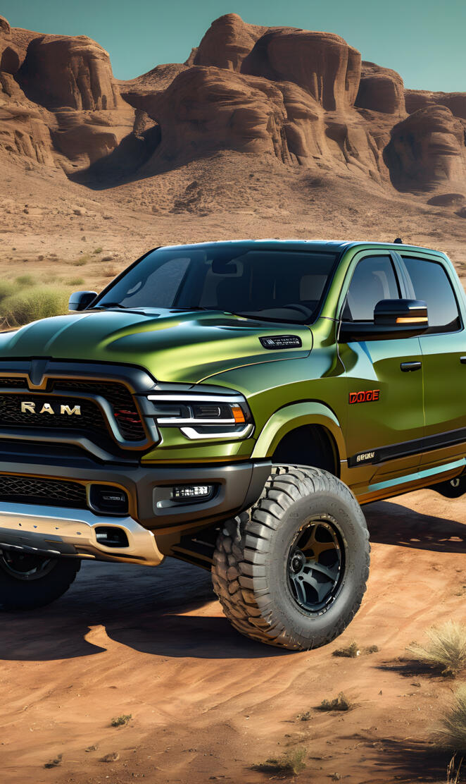 2024 Dodge Ram 4x4 4-door Pickup Truck, Olive Green Paint.