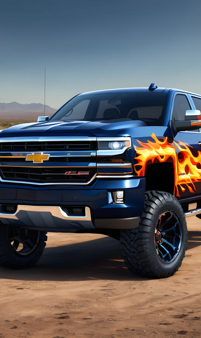 A Chevrolet Silverado 1500 4x4 4-door Pickup, Dark Blue With Flames.
