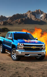 New Blue Chevrolet Silverado 1500 4x4 4-door, With Flames Decals.