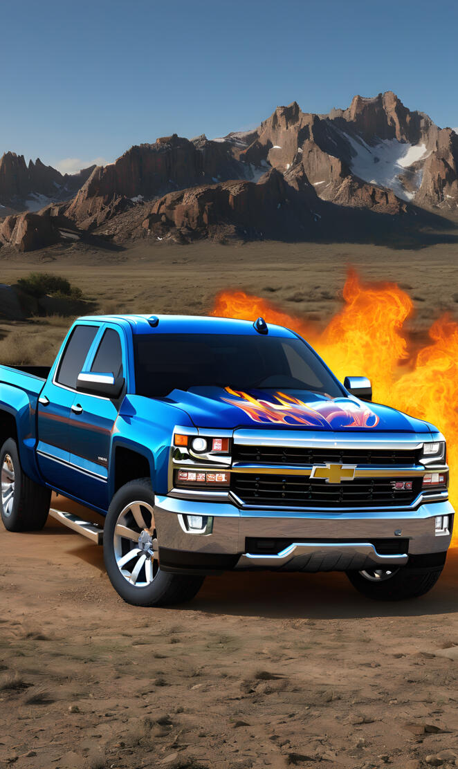 New Blue Chevrolet Silverado 1500 4x4 4-door, With Flames Decals.