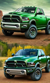 New Medium Green Dodge 4x4 4-door Pickup Trucks.