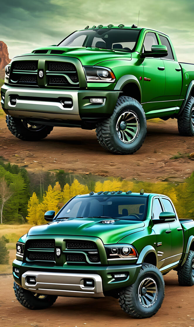 New Medium Green Dodge 4x4 4-door Pickup Trucks.