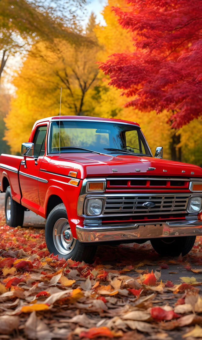 red Ford pickup truck.