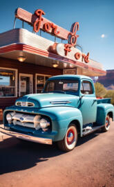 a blue truck with a large sign on top of it