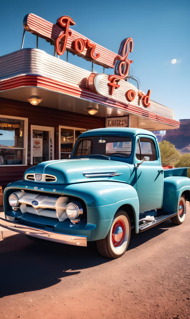 a blue truck with a large sign on top of it