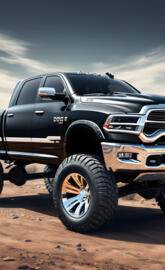 2025 Dodge Ram 4x4 4-door Pickup Truck Black With Silver Designs.
