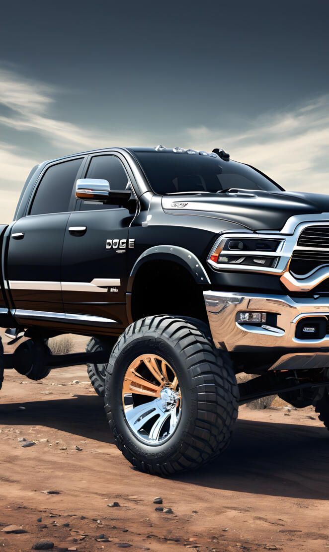 2025 Dodge Ram 4x4 4-door Pickup Truck Black With Silver Designs.