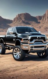 Black Dodge Ram 4x4 4-door Pickup Truck Pickup With Silver Stripes.