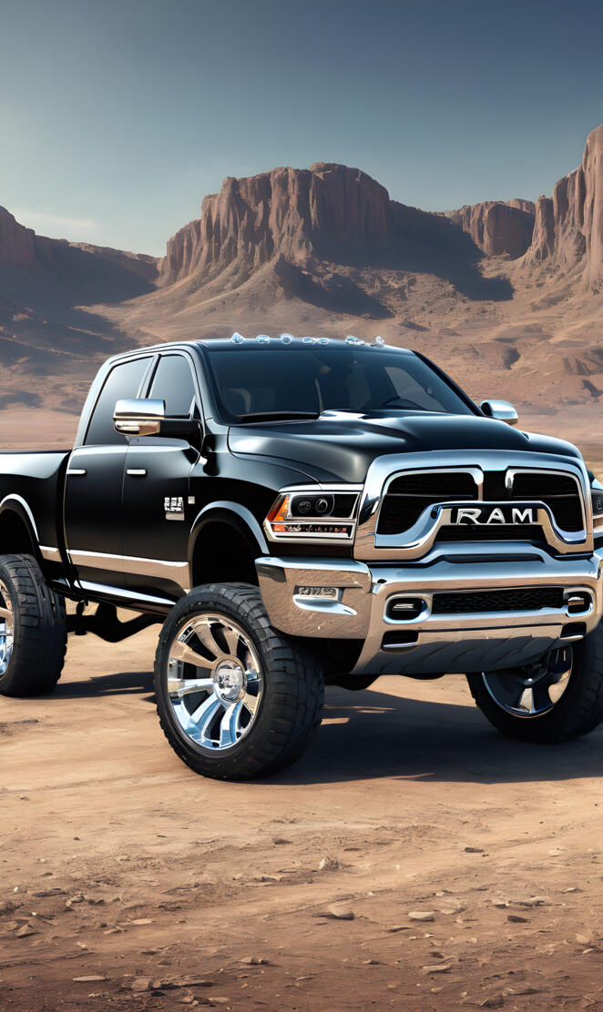 Black Dodge Ram 4x4 4-door Pickup Truck Pickup With Silver Stripes.